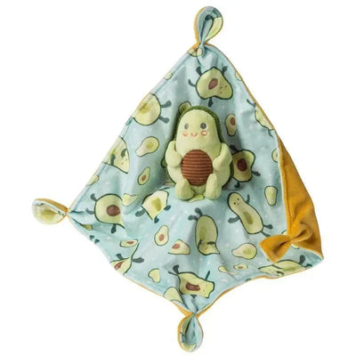 Soft, triangular baby blanket featuring an avocado pattern with an attached plush avocado character in the center.