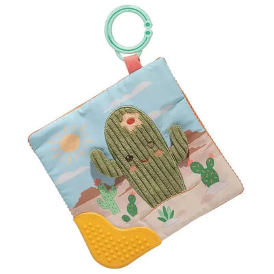 Sweet Soothie crinkle teether toy featuring a cactus design, textured yellow leaf, and a clip for easy attachment.