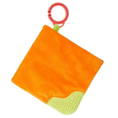 Mary Meyer Sweet Soothie Crinkle Teether Toy features an orange fabric texture with a green gripping section and a red plastic ring.
