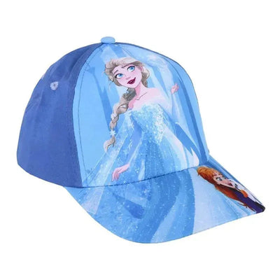 Blue cap featuring characters Elsa and Anna from Frozen, designed for children.