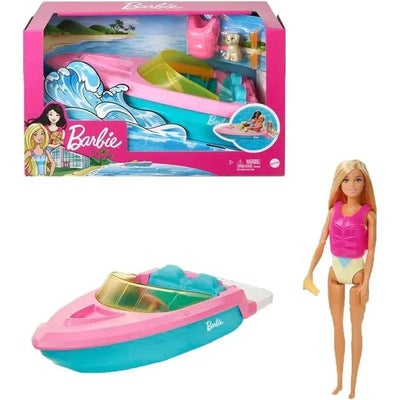 Barbie doll wearing a life jacket next to a pink and blue toy boat, featuring water-themed accessories and packaging.
