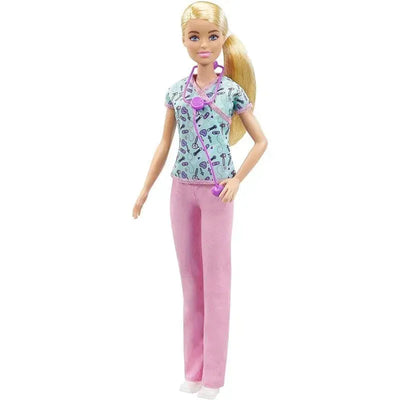 Barbie Core Career Doll dressed as a nurse, wearing scrubs with medical patterns and holding a stethoscope.