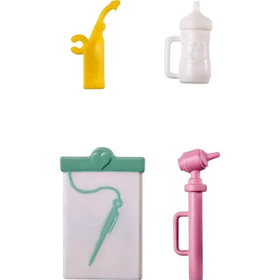 Barbie doctor playset accessories including a yellow stethoscope, white baby bottle, medical chart, and pink tool.