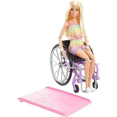 Barbie Fashionista doll in a colorful outfit sitting in a purple wheelchair, with a pink ramp beside her.
