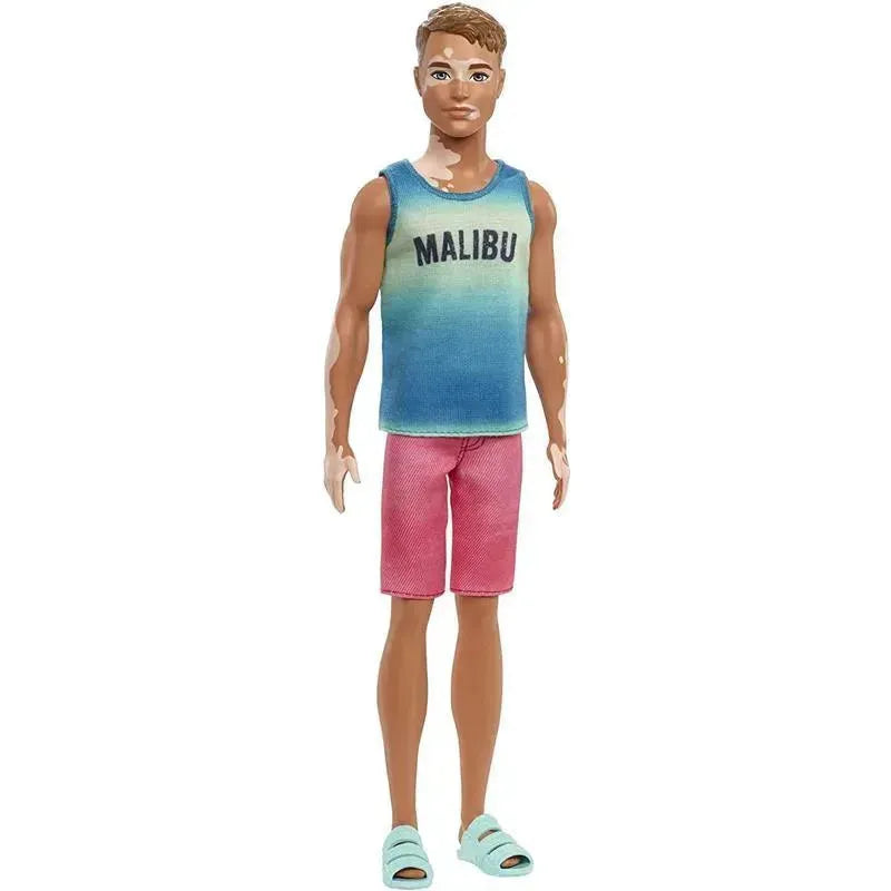 Mattel - Barbie Ken Doll, Brunette Cropped Hair & Vitiligo in Malibu Tank Image 1