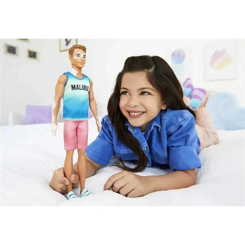 Mattel - Barbie Ken Doll, Brunette Cropped Hair & Vitiligo in Malibu Tank Image 3