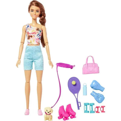 Barbie Wellness Doll in workout attire with accessories including weights, roller skates, a dog, and a pink bag.