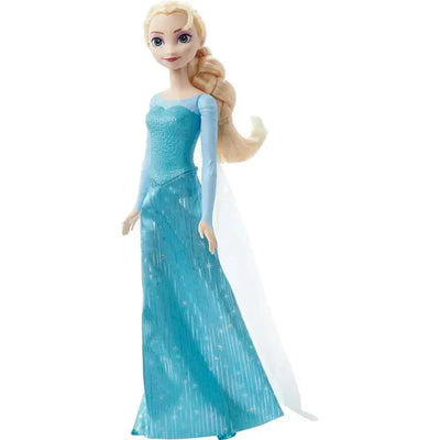 Disney Frozen Core Doll depicting Elsa in an elegant blue gown with a flowing cape and long blonde hair.