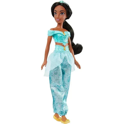 Disney Princess Jasmine doll wearing a turquoise outfit with a cropped top and patterned pants, featuring a long black ponytail.