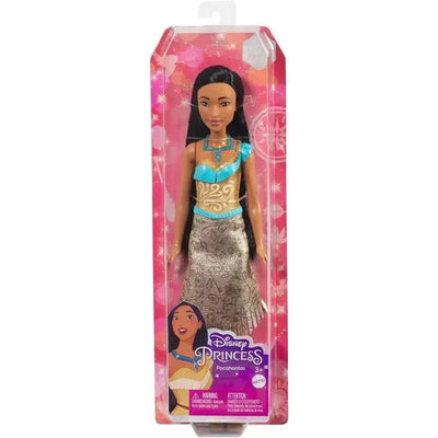 Disney Princess Pocahontas doll in a blue and gold outfit with long black hair, packaged in a colorful display box.