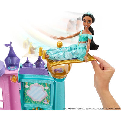 Disney Princess Ultimate Castle, 4 ft tall with lights and sounds, featuring a Jasmine doll on a magic carpet.