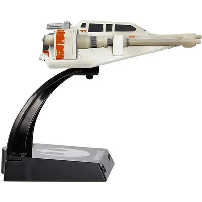 Premium diecast Snowspeeder from Star Wars, mounted on a black display stand, features detailed design and colors.
