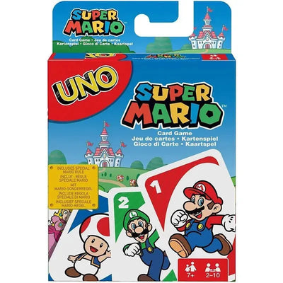 Uno Super Mario Bros card game packaging featuring iconic characters, colorful design, and includes special Mario rules.