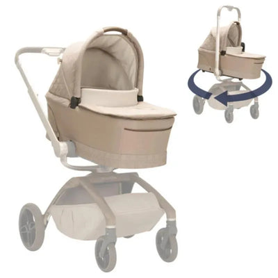 Maxi-Cosi Kindred Collection natural heritage carriage accessory, featuring a beige bassinet and a convertible stroller design.