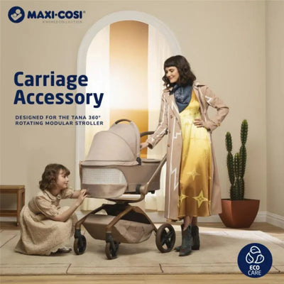 Maxi-Cosi Kindred Collection carriage accessory for Tana 360° stroller, featuring a woman and child interacting with the stroller.