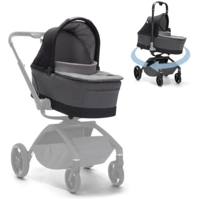 Maxi-Cosi Kindred Collection carriage accessory in Onyx Heritage, featuring a sleek black and gray design with a comfortable, padded bassinet.