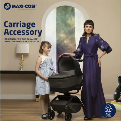 Maxi-Cosi Carriage Accessory from the Kindred Collection, featuring a woman in a purple dress and girl with a stroller.