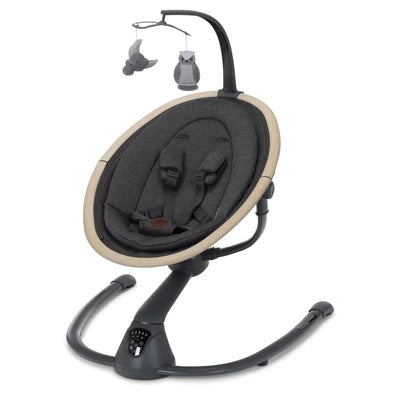 Maxi-Cosi Cassia Swing in Classic Graphite, featuring a plush seat, safety harness, and a mobile with soft toys.