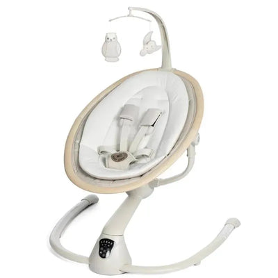 Maxi-Cosi Cassia Swing in Classic Oat, featuring a plush seat, safety harness, and a mobile with soft toys.