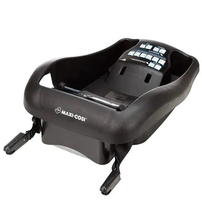 Maxi-Cosi Mico 30 Infant Car Seat Base in black, featuring installation instructions on the back and safety latches.