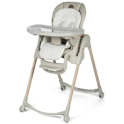 Maxi-Cosi Minla 6-in-1 adjustable high chair in Classic Oat color, featuring a padded seat, removable tray, and wooden legs.