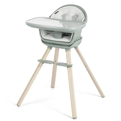 Moa 8-in-1 highchair in Classic Green with a removable tray and wooden legs, designed for infants and toddlers.
