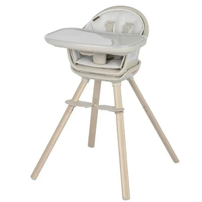 Moa 8-in-1 Highchair in Classic Oat with a detachable tray and wooden legs, designed for infants and toddlers.