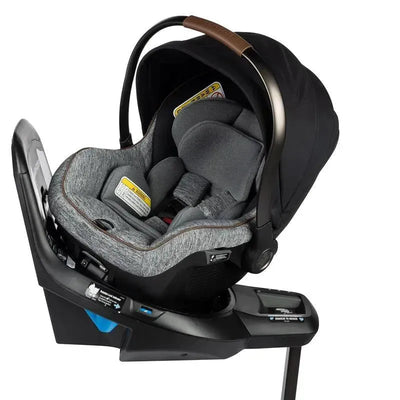 Maxi-Cosi Peri 180 Rotating Infant Car Seat in Onyx Wonder, featuring a cozy gray fabric seat, adjustable canopy, and secure base mechanism.