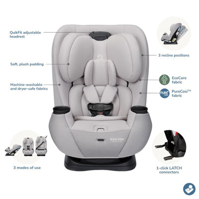 Maxi-Cosi Pria™ All-In-One Convertible Car Seat in Sea Storm, featuring adjustable headrest, plush padding, and 3 recline positions.