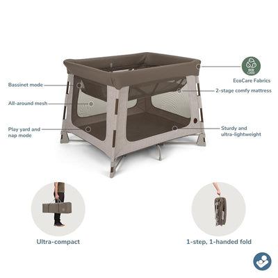 Maxi-Cosi Swift Baby Playard in Truffle, featuring an all-around mesh design, bassinet mode, and ultra-compact fold for easy transport.