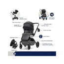 Maxi-Cosi Tana 360 Rotating Modular Stroller in Onyx Heritage with features like a adjustable handle, from multiple angles with visible labels.