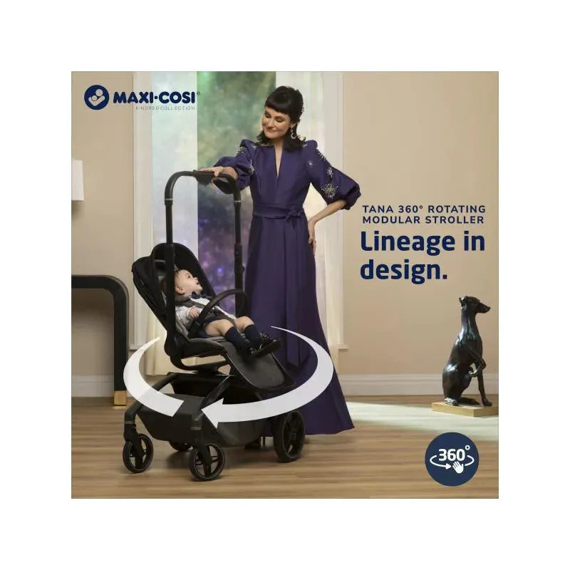 Maxi-Cosi Tana 360 Rotating Modular Stroller, featuring a seated child and a woman in a purple dress, showcasing ease of use.