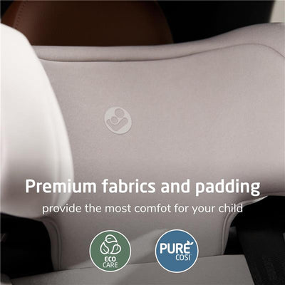 Maxi-Cosi Tanza Folding Belt-Positioning Booster Car Seat features premium fabrics and padding for child comfort, with Eco Care and Pure Cosi logos.