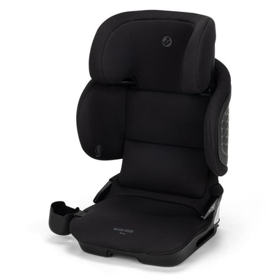 Maxi-Cosi Tanza Folding Belt-Positioning Booster Car Seat in Sea Shadow color, featuring a sleek black design with side wings for safety.