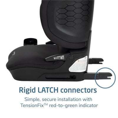 Maxi-Cosi Tanza Folding Belt-Positioning Booster Car Seat in Sea Shadow, featuring rigid LATCH connectors and installation indicators.