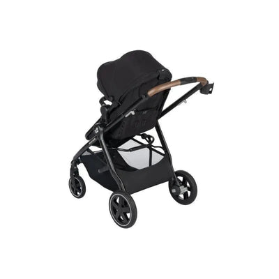 Maxi-Cosi Zelia2 Luxe 5-in-1 Modular Travel System in New Hope Black, featuring a black seat with a brown handle.