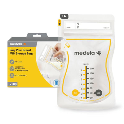 Medela Easy Pour Breastmilk Storage Bags, 100 count, 7oz/210ml, featuring leakproof design and measurements on the side.