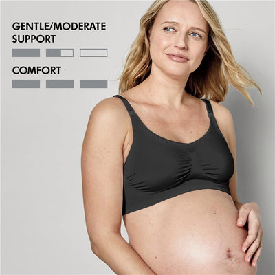Black seamless comfort bra for pregnancy, featuring gentle/moderate support and highlighting comfort ratings.