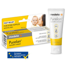 Medela Purelan Lanolin Nipple Cream 1.3 Oz packaging featuring a tube and box, highlighting its effectiveness for sore nipples and dry skin.