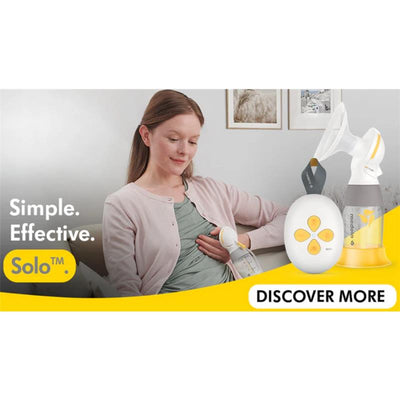 Medela Solo™ Single Electric Breast Pump, featuring the pump, control unit, and a mother using it, with promotional text.