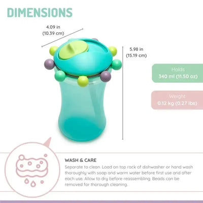 2-pack Melii Abacus straw sippy cup in blue and mint, featuring a beaded lid, dimensions, capacity, and care instructions.