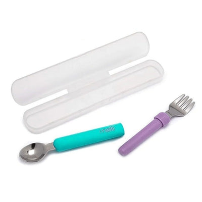 Blue and purple spork set by Melii, including a spoon and fork, in a clear carrying case.
