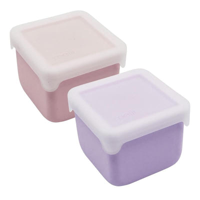 Silicone snack containers in pink and purple, 236ml each, with white lids, designed for food storage.