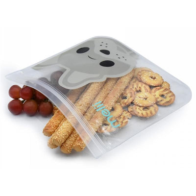 Reusable EVA snack bag with a bulldog design, containing pretzel sticks, round cookies, and grapes.