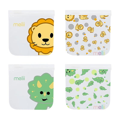 Reusable sandwich and snack bags featuring two designs each of a lion and a dinosaur, suitable for kids and adults.