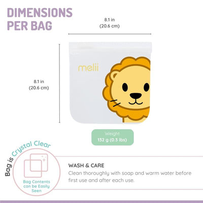 Reusable sandwich and snack bag featuring a lion design, with dimensions of 8.1 inches, weighing 132 g.