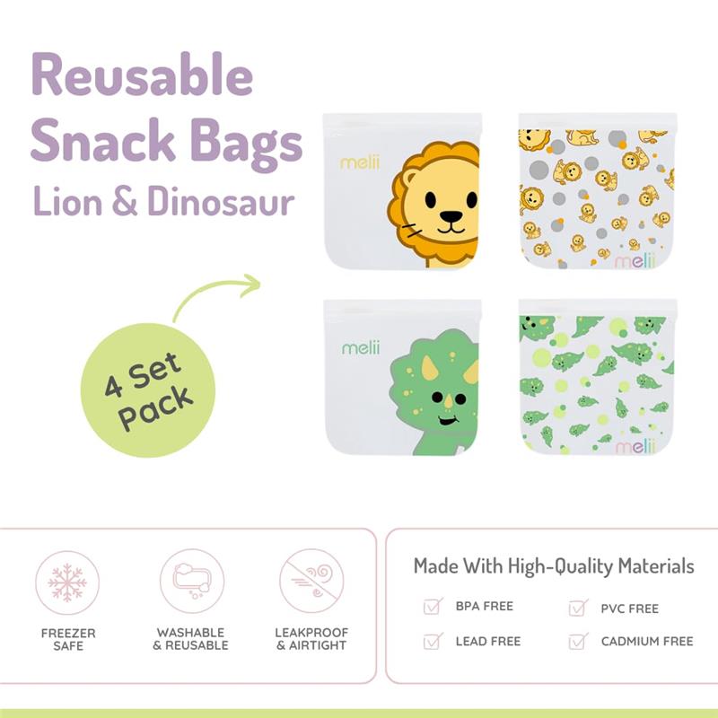 Melii - 4Pk Reusable Sandwich & Snack Bags for Kids & Adults, 2 Dinosaur & 2 Lion Image 3