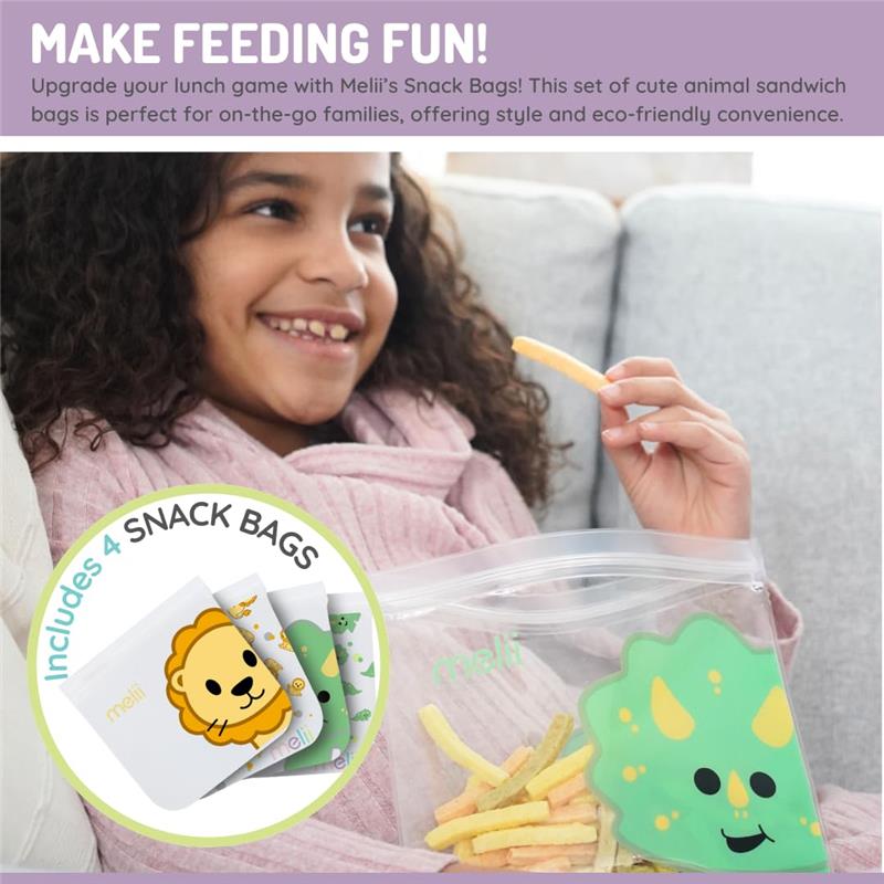 Melii - 4Pk Reusable Sandwich & Snack Bags for Kids & Adults, 2 Dinosaur & 2 Lion Image 4