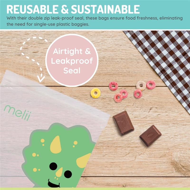 Melii - 4Pk Reusable Sandwich & Snack Bags for Kids & Adults, 2 Dinosaur & 2 Lion Image 5