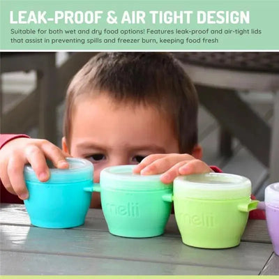 Four colorful Melii baby food storage containers with lids, featuring a child grasping two containers, showcasing their leak-proof design.